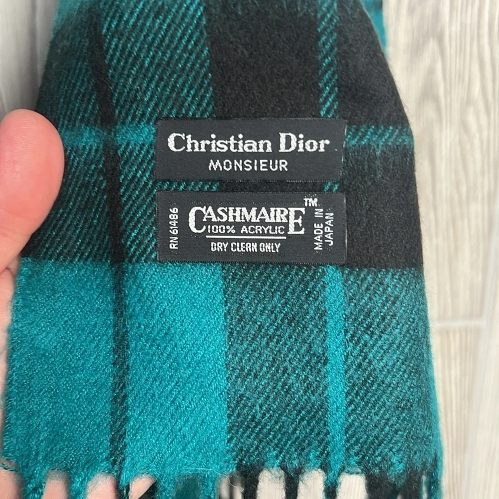 Christian Dior Monsieur Scarf Green Plaid Print Raw Edges Vintage